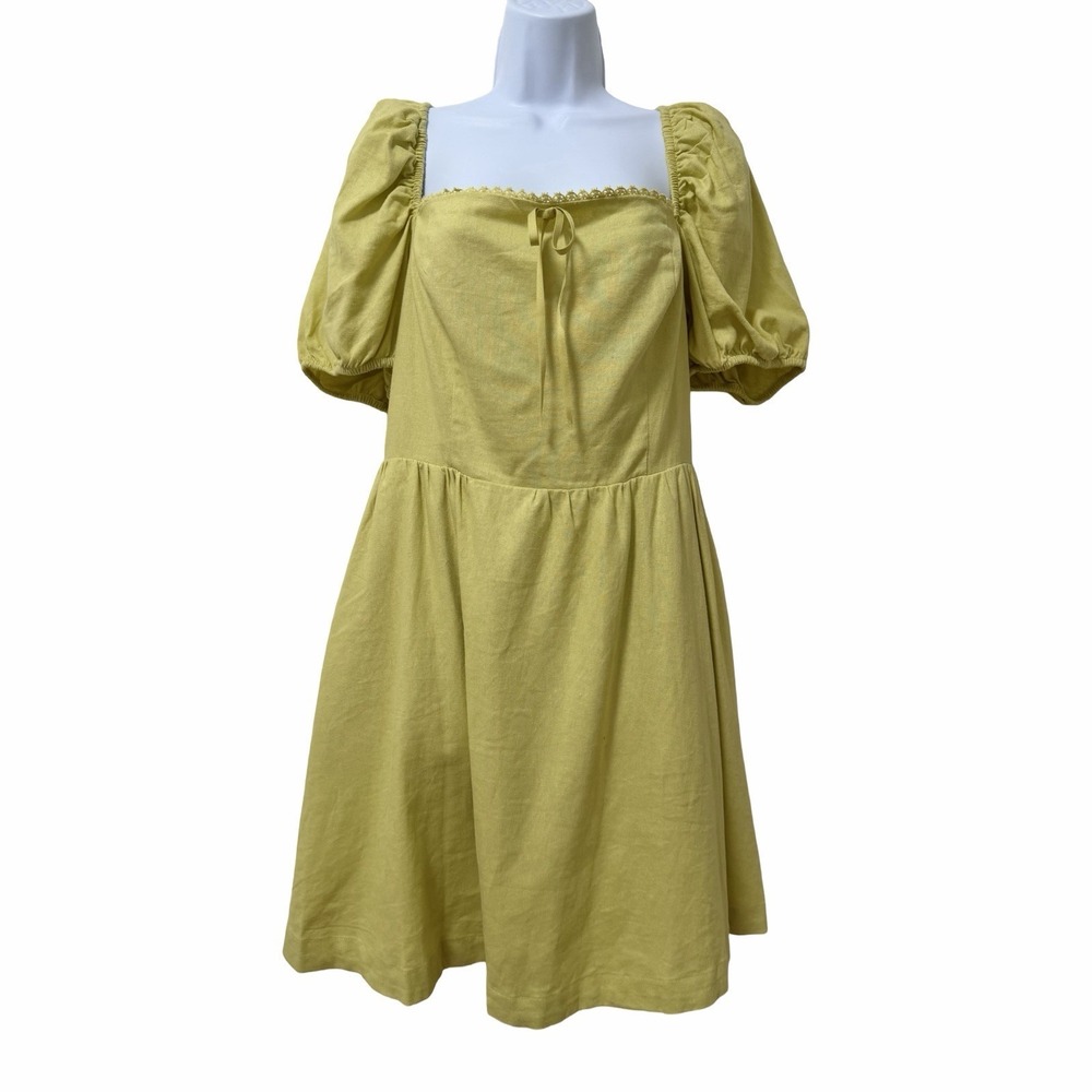 Camila Coelho Milkmaid Linen Blend Puff Sleeve Mini Dress Size L Yellow Cottage